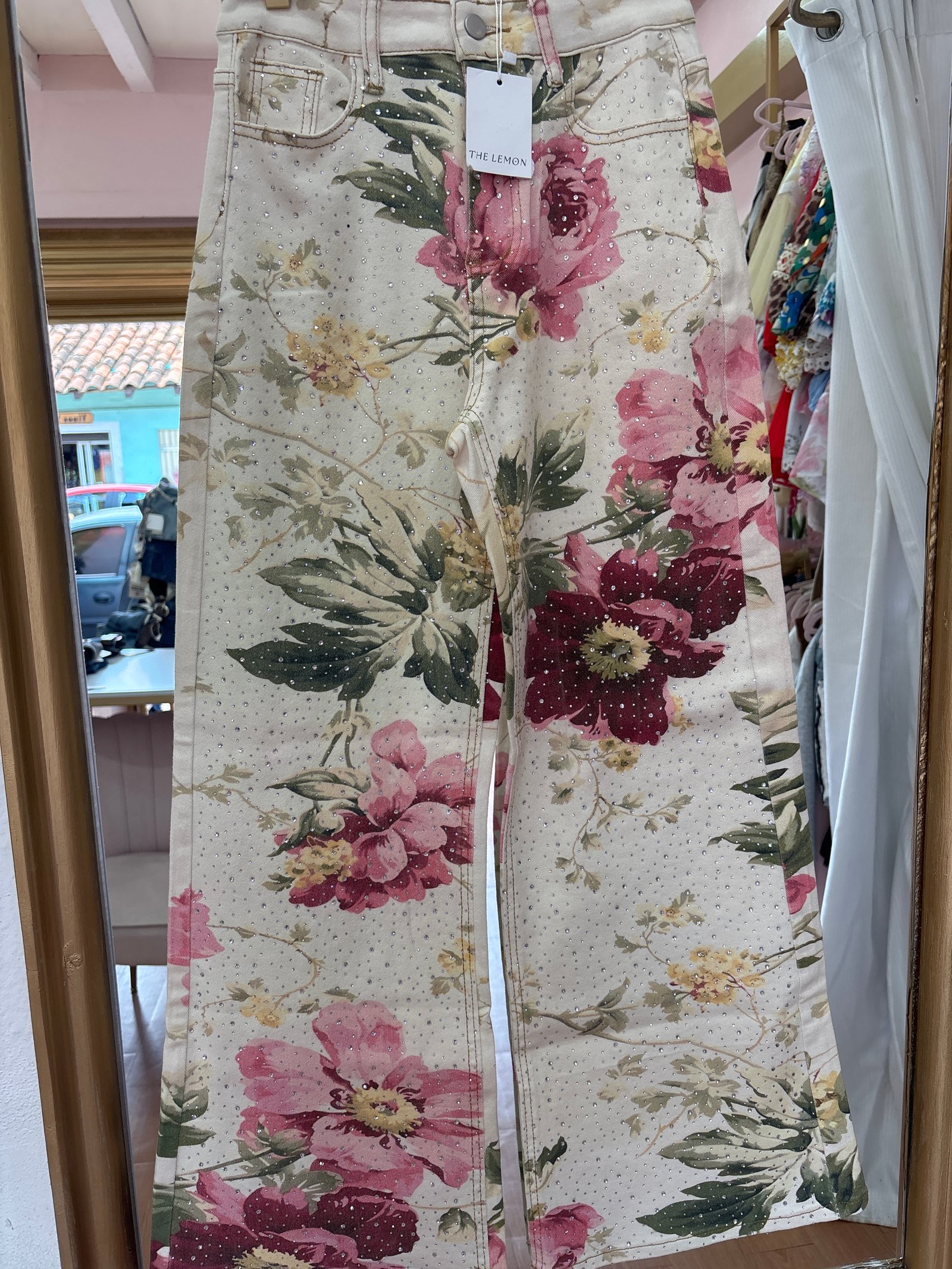 Pantalón flores brillos